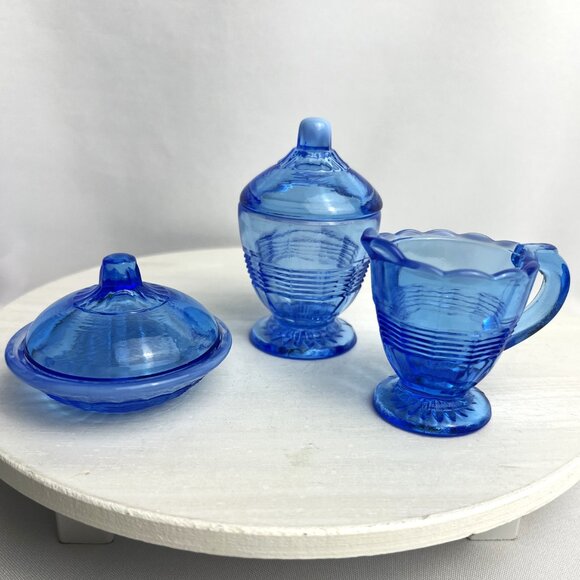 Fenton Blue Opalescent Glass Childs Small 5-Piece Table Set UV Glow c1920